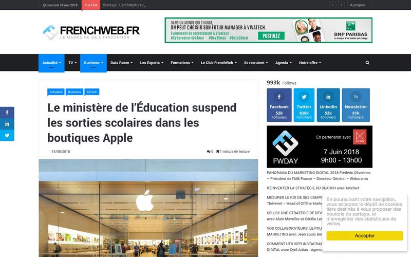 FrenchWeb.fr : Le ministère de l'Éducation suspend les sorties scolaires dans les boutiques Apple